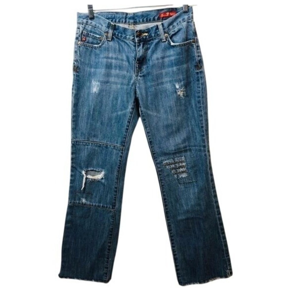 Seven7 Premium Denim Womens 28 Distressed Patchwork Straight Leg Jeans Blue